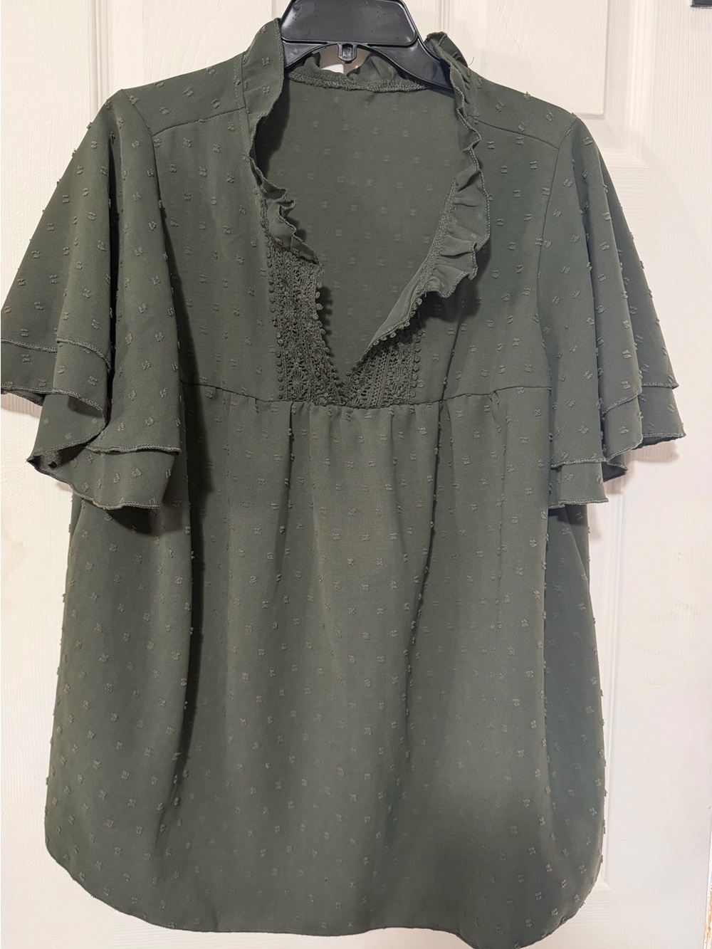 SHEIN Olive Green Ruffle V-Neck Flutter Sleeve Blouse